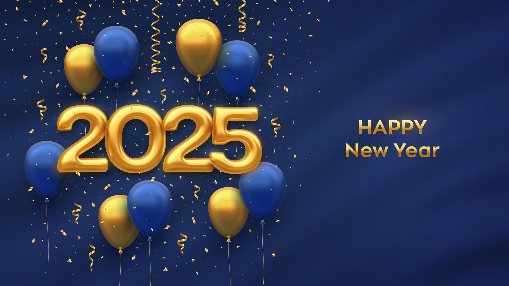 Happy New Year 2025. Hanging Golden numbers 2025 with 3D festive helium balloons and falling confetti on blue background. New Year, Xmas greeting card, banner template. vector