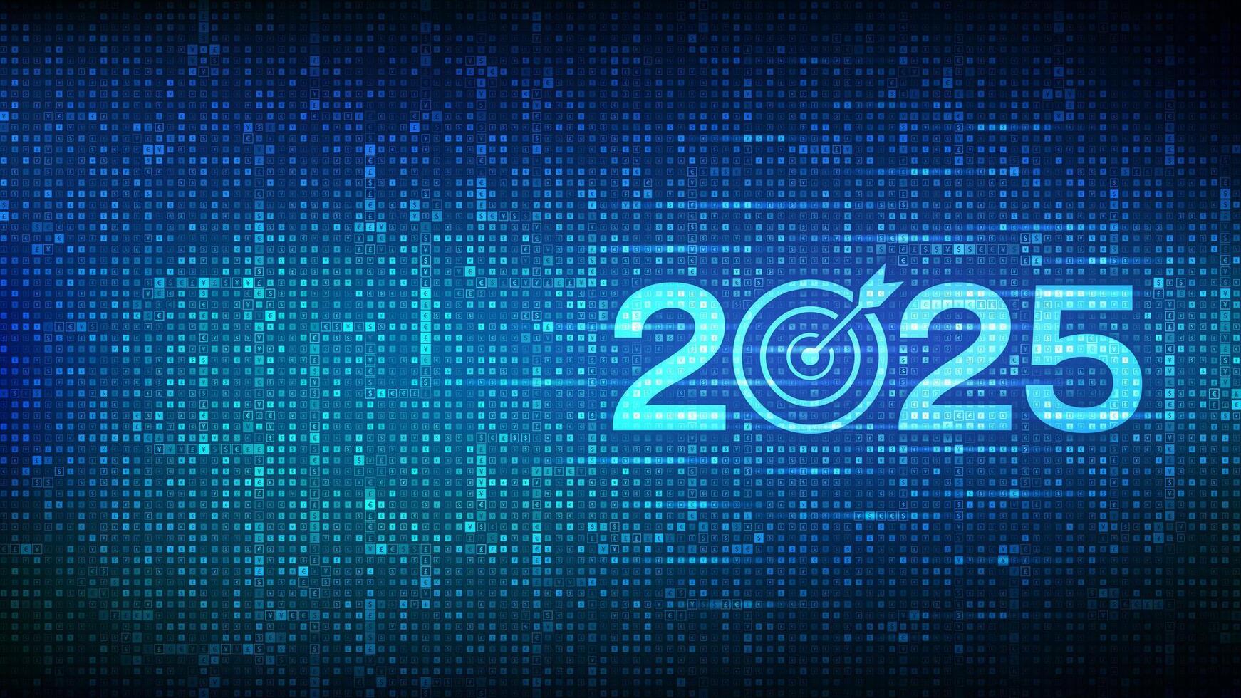 2025 New year Goals and plans. Numbers 2025 made with currency symbols. New 2025 financial year. Business plan and strategies. New 2025 fiscal year. Background with currency signs. vector