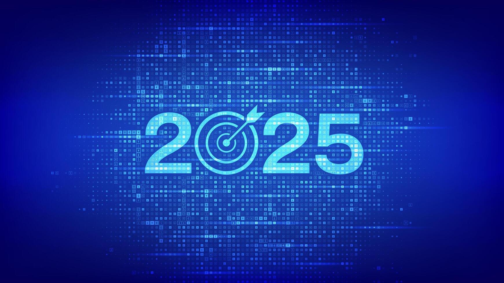 2025 New year Goals and plans. Numbers 2025 made with currency symbols. New 2025 financial year. Business plan and strategies. New 2025 fiscal year. Background with currency signs. vector