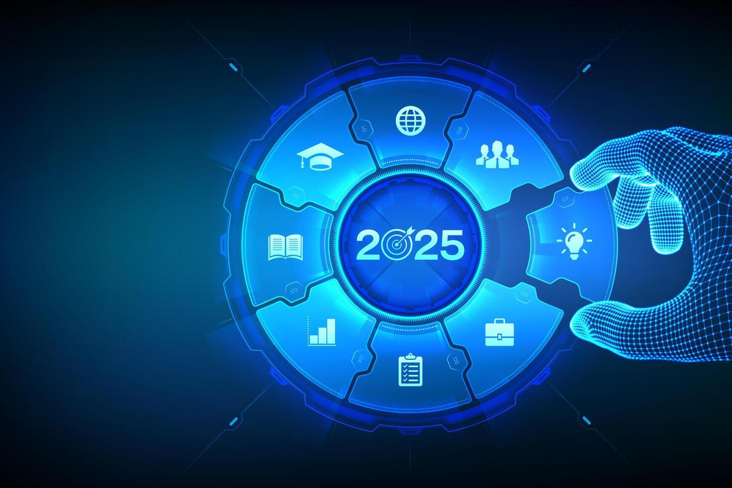 2025 New year Goals and plans. Wireframe hand places an element into a composition visualizing Goal acheiveement and success in 2025. Business plan and strategies concept. vector