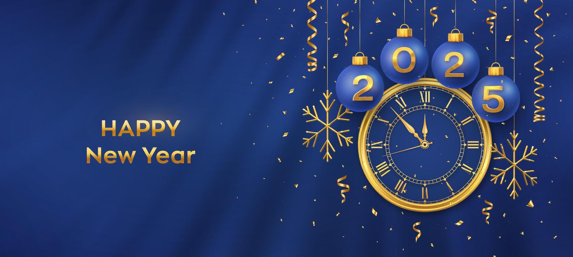 Happy New Year 2025. Hanging blue Christmas bauble balls with realistic gold 3d numbers 2025 and snowflakes. Watch with Roman numeral and countdown midnight, eve for New Year. Merry Christmas. vector