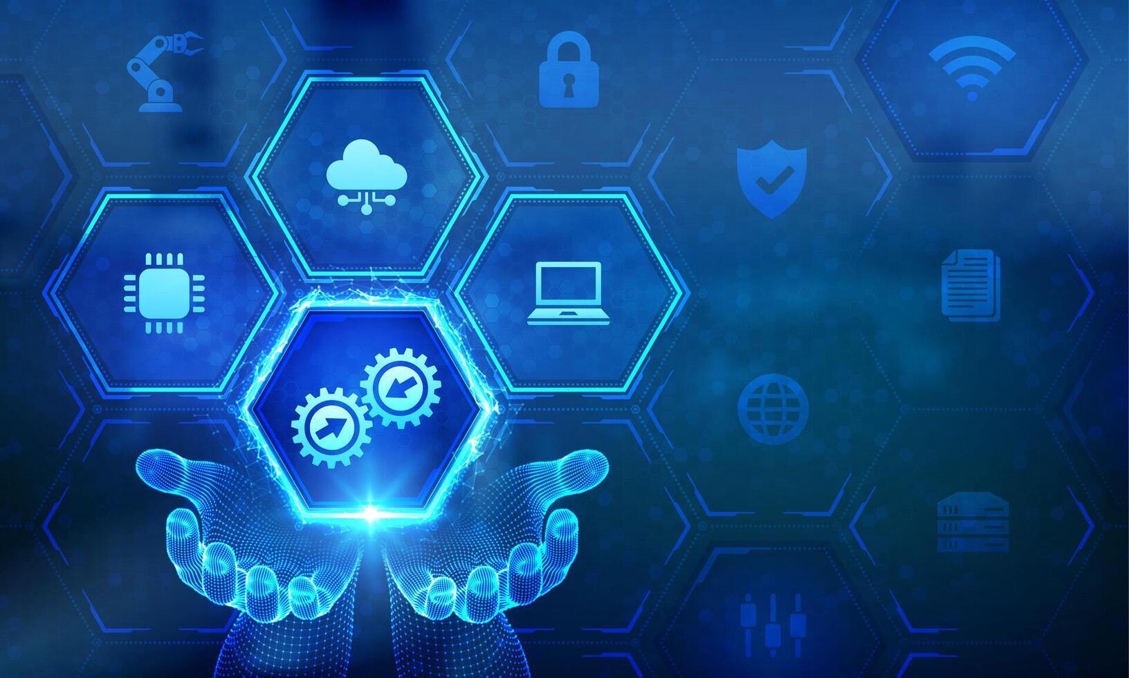 Integration data system. System Integration technology concept in wireframe hands. Industrial and smart technology. Business and automation solutions. vector