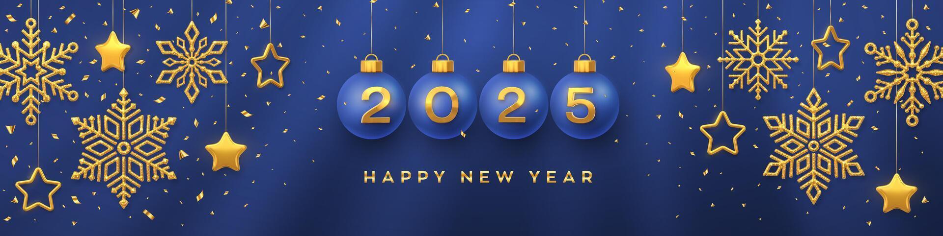 Happy New Year 2025. Hanging blue Christmas bauble balls with realistic golden 3d numbers 2025. Golden snowflakes and 3D metallic stars on blue background. Holiday banner, header. vector