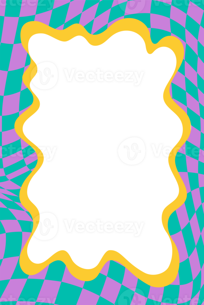 Wavy scallop border. Rectangle fun wavy chessboard frame. Cartoon hand drawn shapes for text picture and photo. Doodle groovy psychedelic template. Abstract funky y2k squiggle checkered bubble png
