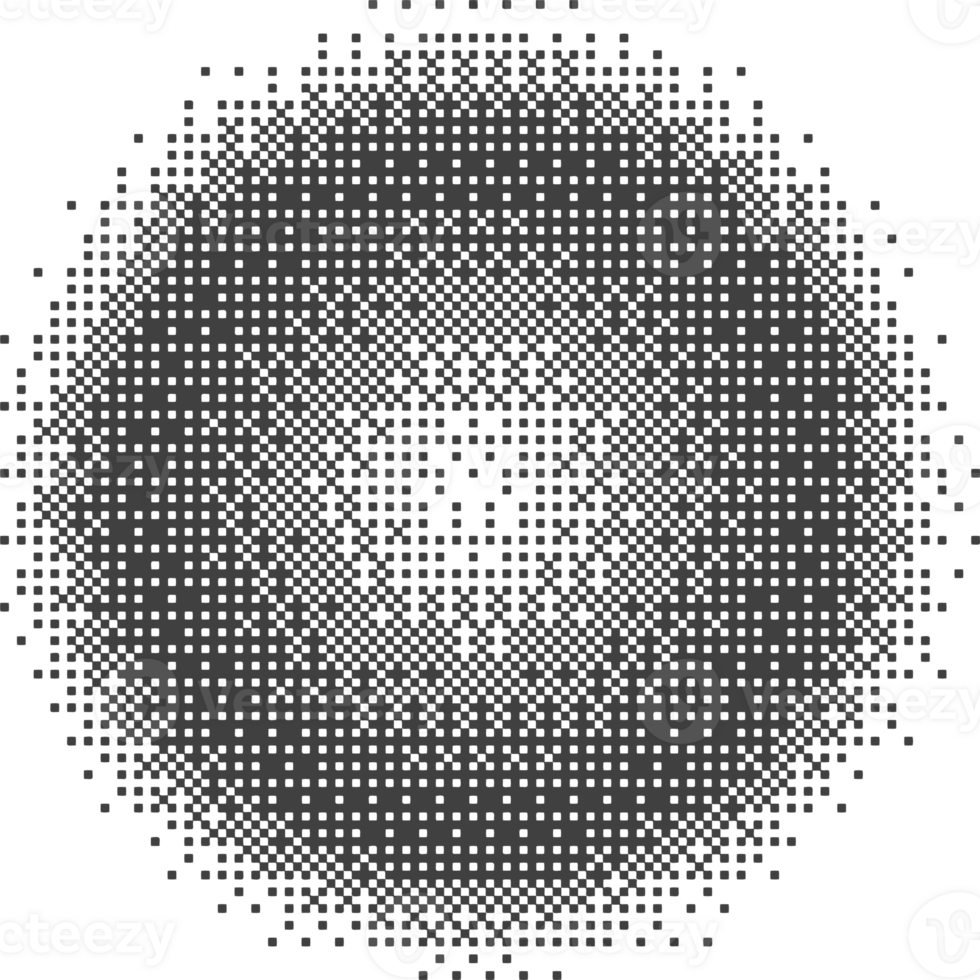 Bitmap pixel arcade game effect. Circle with bit pattern texture. Round y2k halftone element. Aesthetic globe with dither gradient. 2000s noisy illustration png