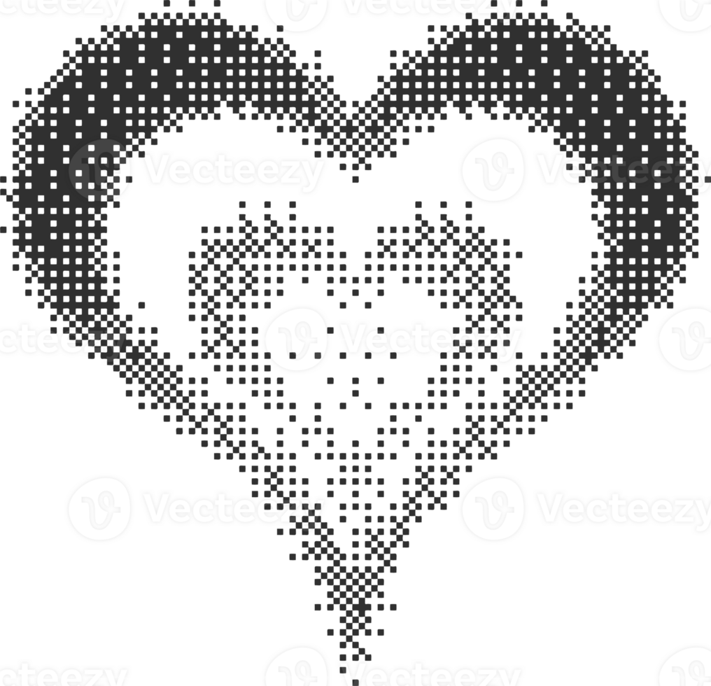 Bitmap pattern abstract heart shape. Halftone gradient element. Y2k graphic abstract icon. Dither noisy grunge texture. Symbol of love png