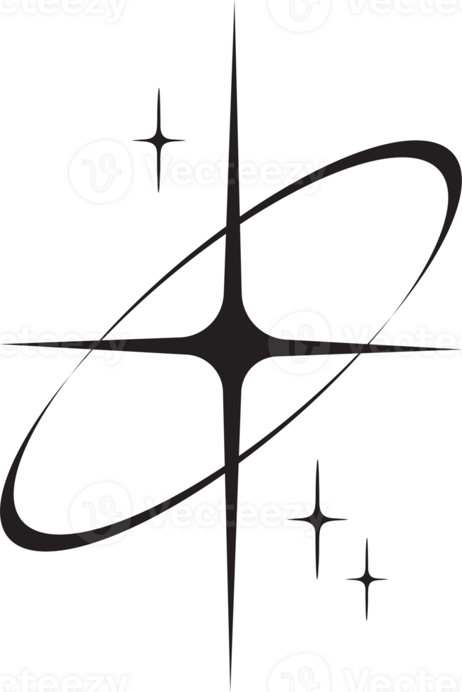Line icon of star. Y2k shiny element. Sparkles and glitter symbol. Retro graphic of minimal figure. Magic black twinkles sun and moon with cosmic orbits png