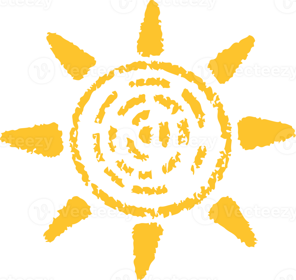 Sun doodle icon. Cartoon summer hand drawn abstract sketch. Cute grunge yellow symbol of sunset. Pencil spiral illustration. Chalk and crayon drawing. png