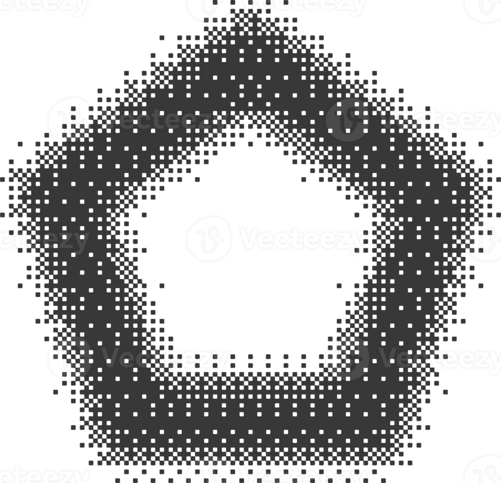 Bitmap pixel arcade game effect. Hexagon y2k halftone shape. Dither aesthetic gradient pentagon icon. 2000s design grainy illustration png