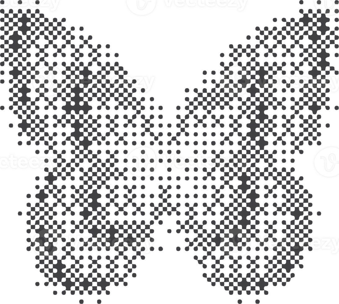Pixel pattern shape. Textured butterfly with bitmap Y2k dither gradient. Retro computer game graphic effect. Halftone grunge illustration png