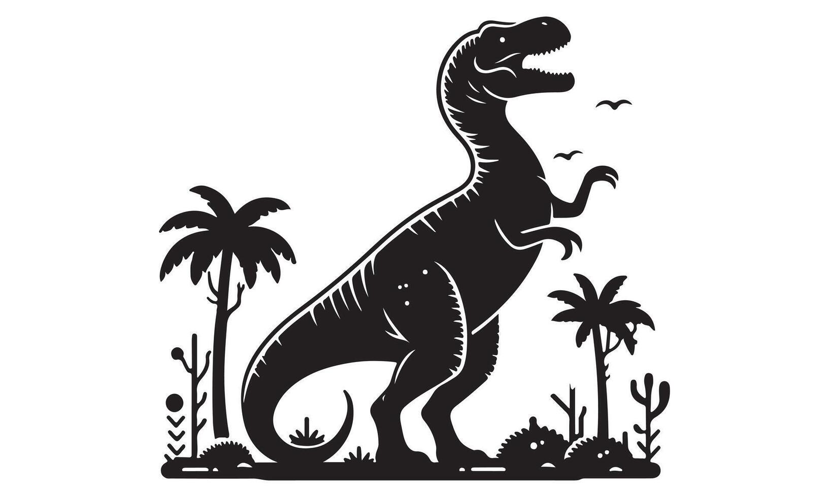 A black and white illustration of a dinosaur in the jungle vector