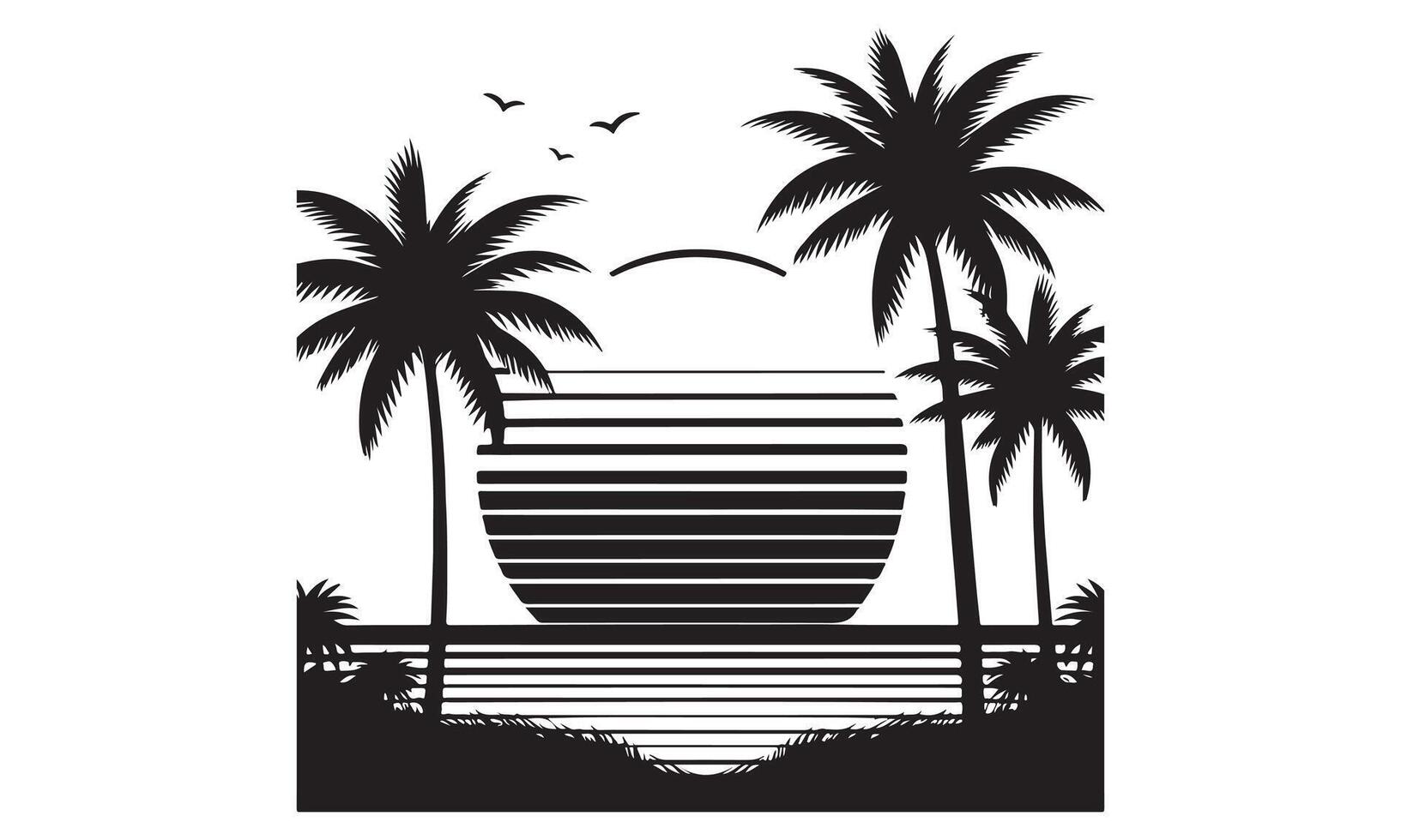 A black and white illustration of palm trees and the ocean vector