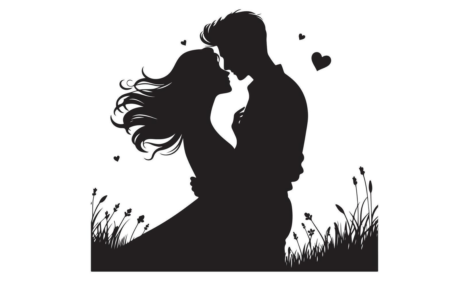 Silhouette of a couple kissing in the grass vector