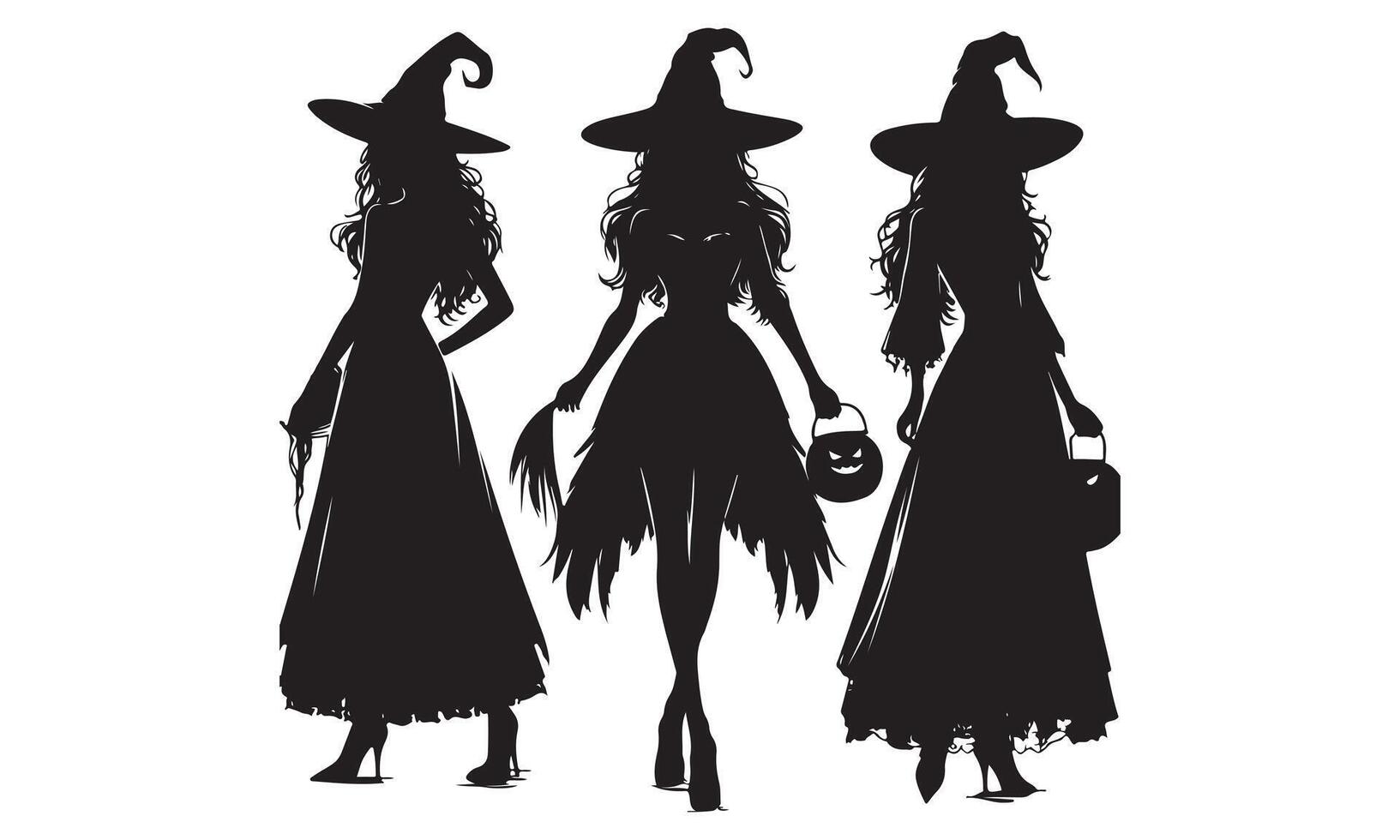 Three women in witch costumes with hats and hats vector