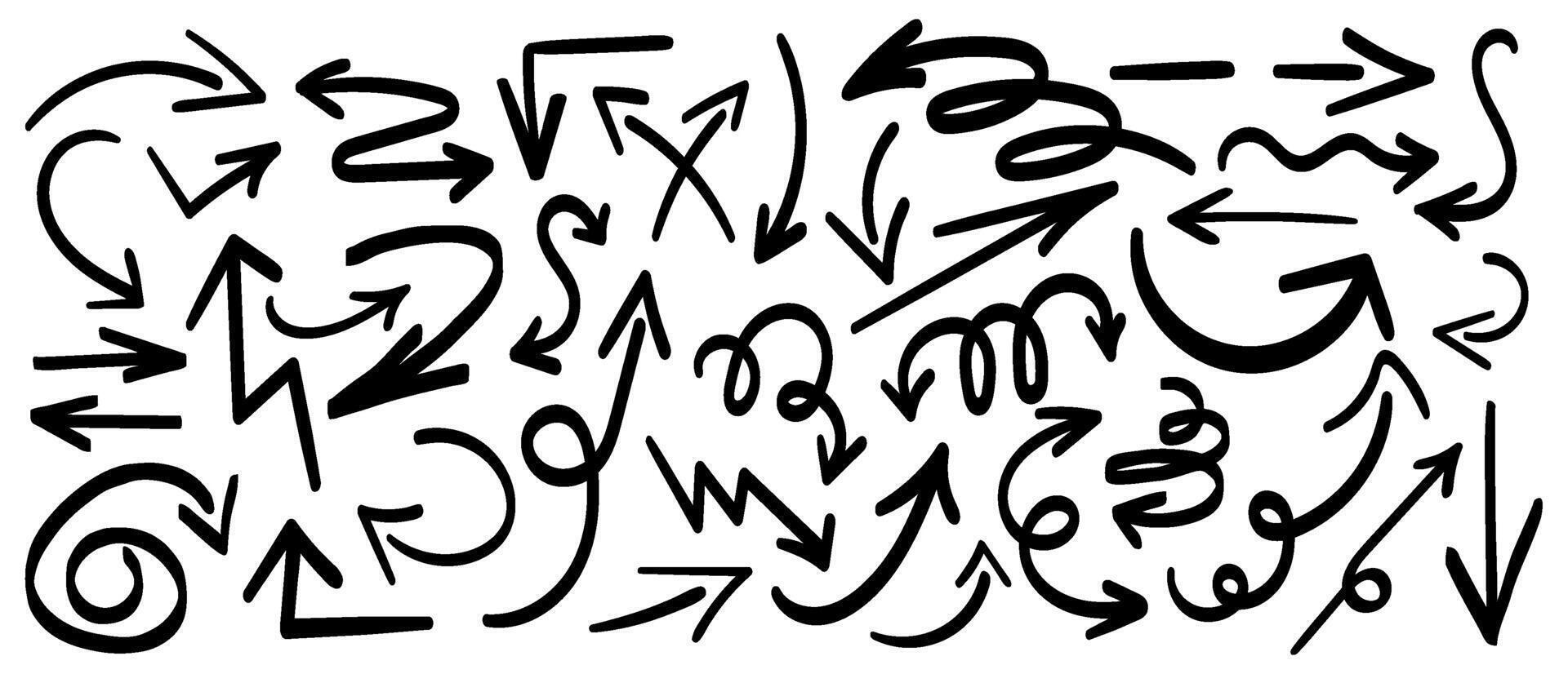 Collection of hand drawn arrow signs in different directions with a line. Set of different design elements with scribble texture. Black arrows showing directions. illustration isolated vector