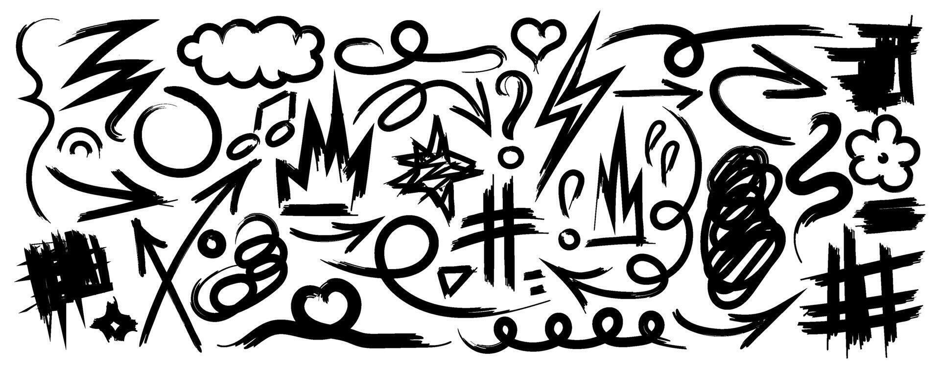 Collection of hand drawn doodles and squiggles for text highlighting sign. Set of design elements with texture of scribbles. Black line brush stroke. Simple cute swashes, strokes, note, diagram vector