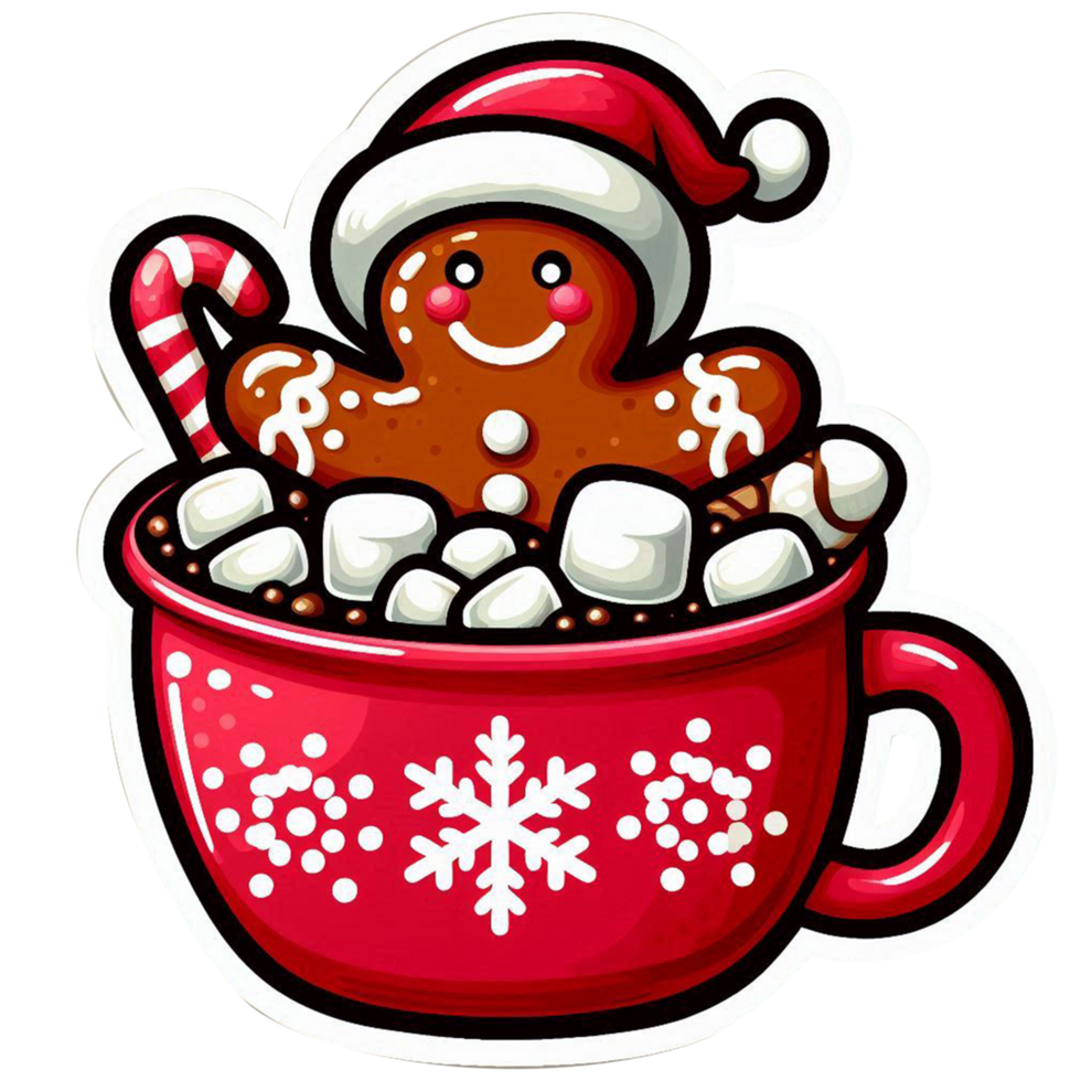Christmas funny gingerbread man in red cup of cocoa with marshmallows png