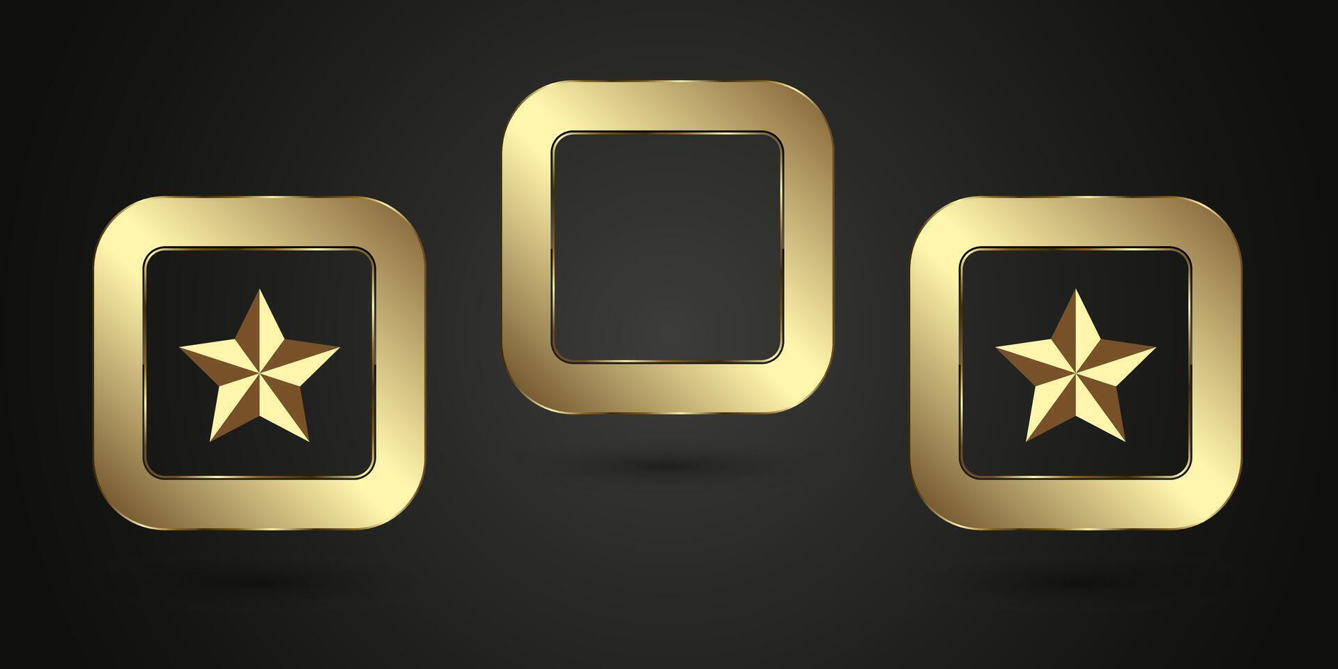 Three gold stars emblem enclosed in a rounded square frame check buttons, which gives it Five luxurious and premium appearances. set of 3 Luxury and Premium stars vector