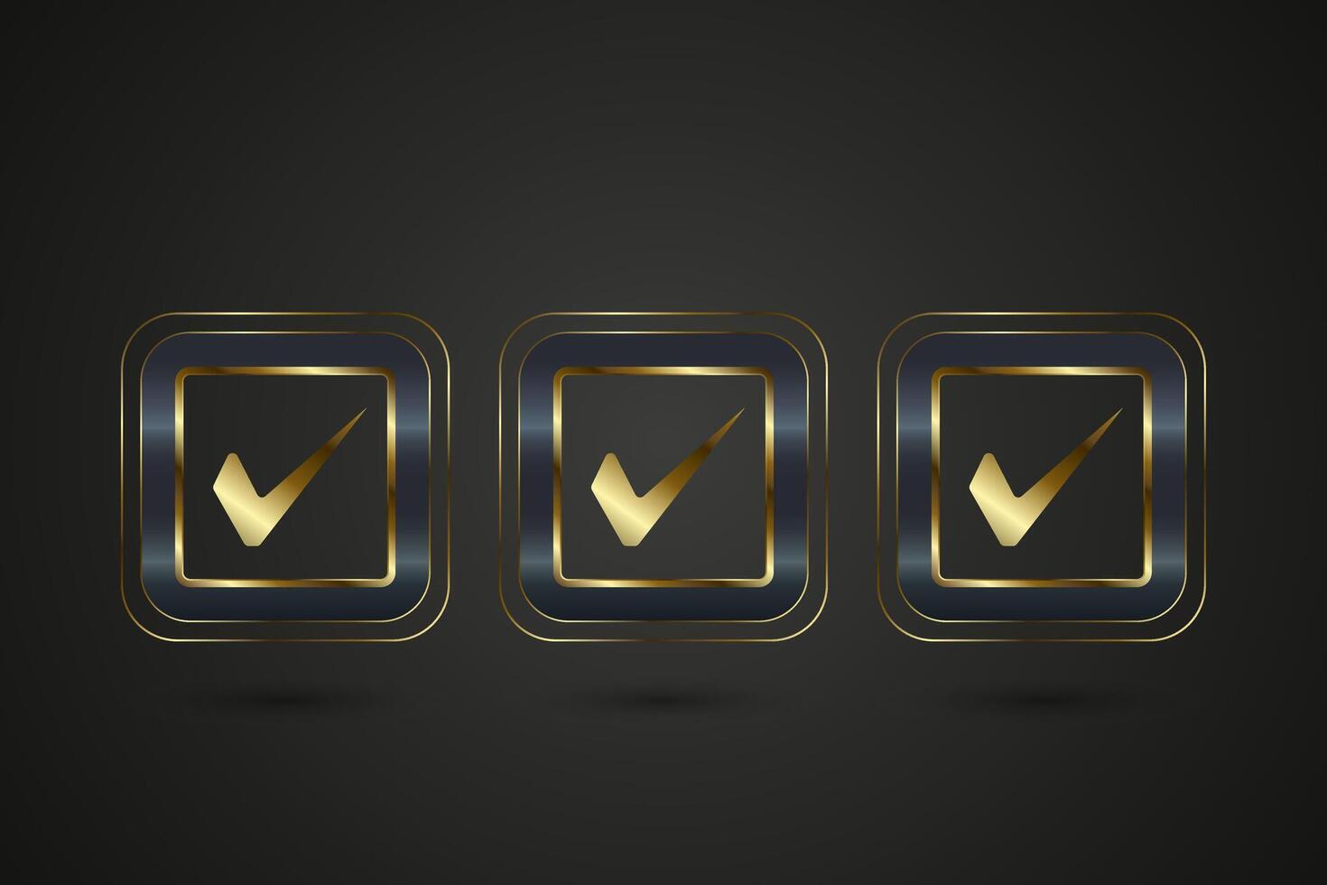 Group of three Luxury and Premium Check buttons check list option concept, and Athree gold checked rectangle enclosed in a rounded square frame. banner vectors
