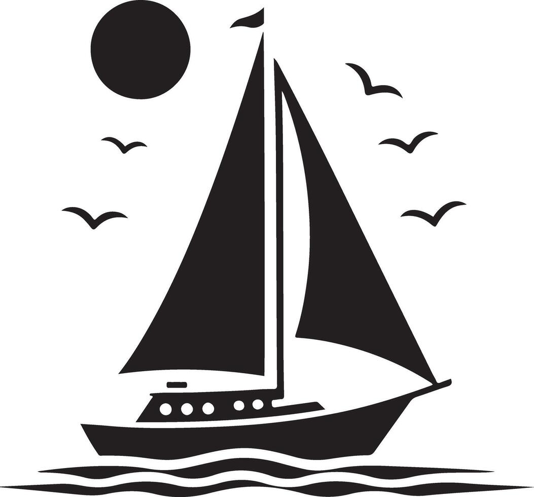Sailing boat silhouette with birds on white background vector