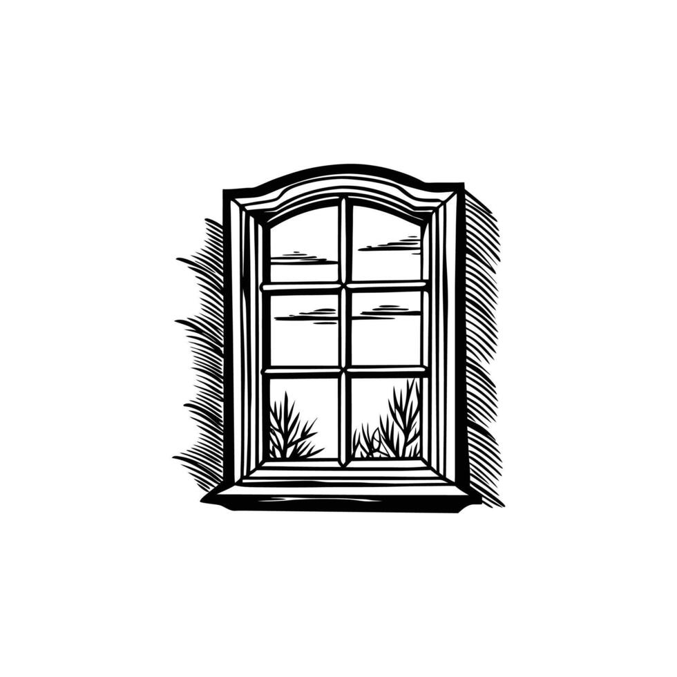 A black and white drawing of a window with plants vector