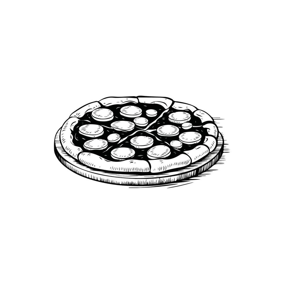 A black and white drawing of a pizza vector