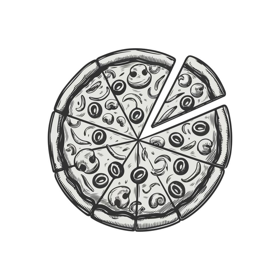 A drawing of a slice of pizza with olives vector