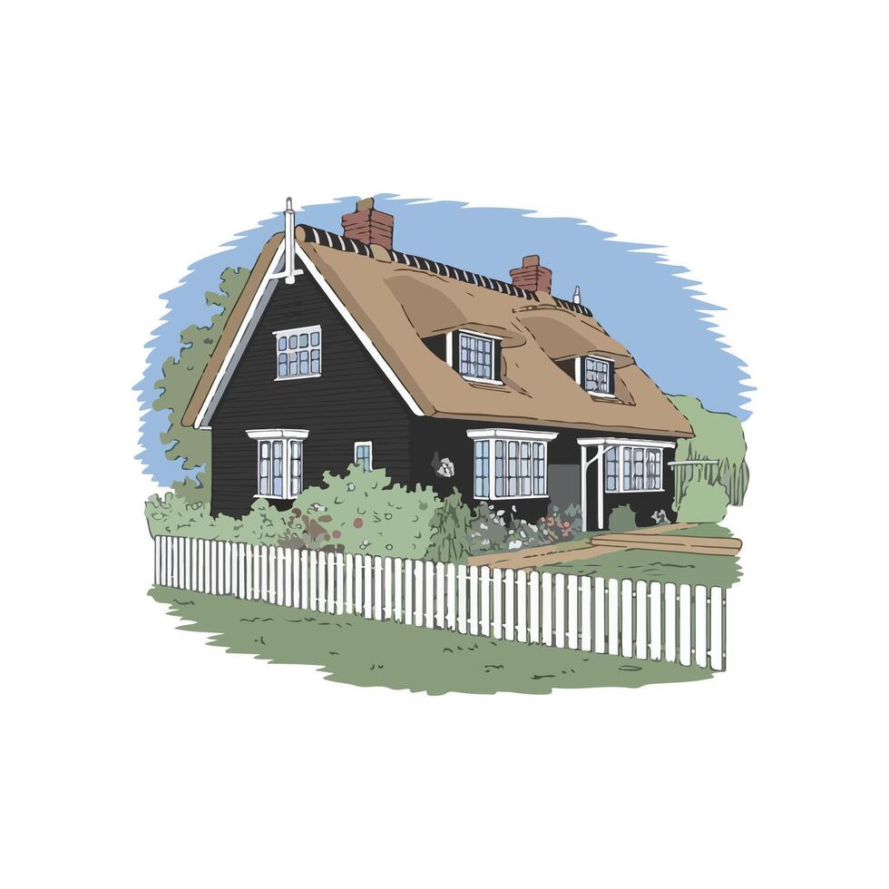 A black house with a thatched roof and white picket vector