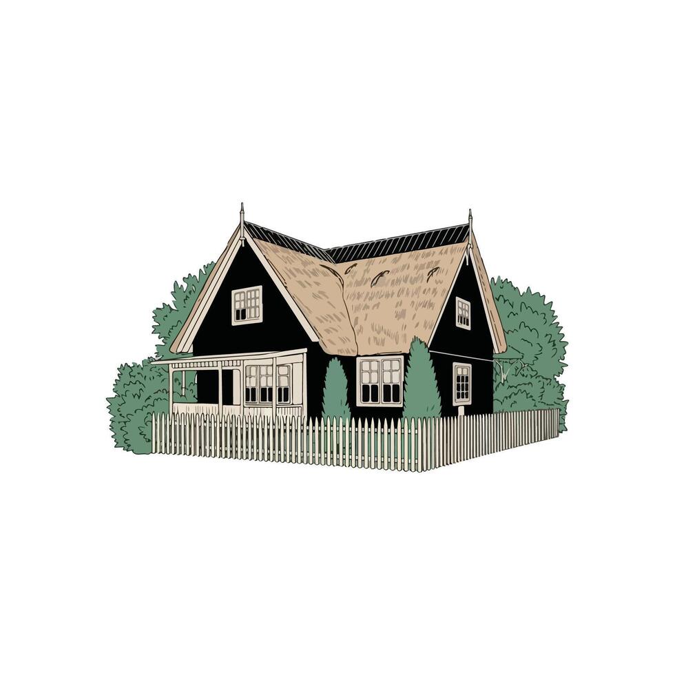 A black house with a thatched roof vector