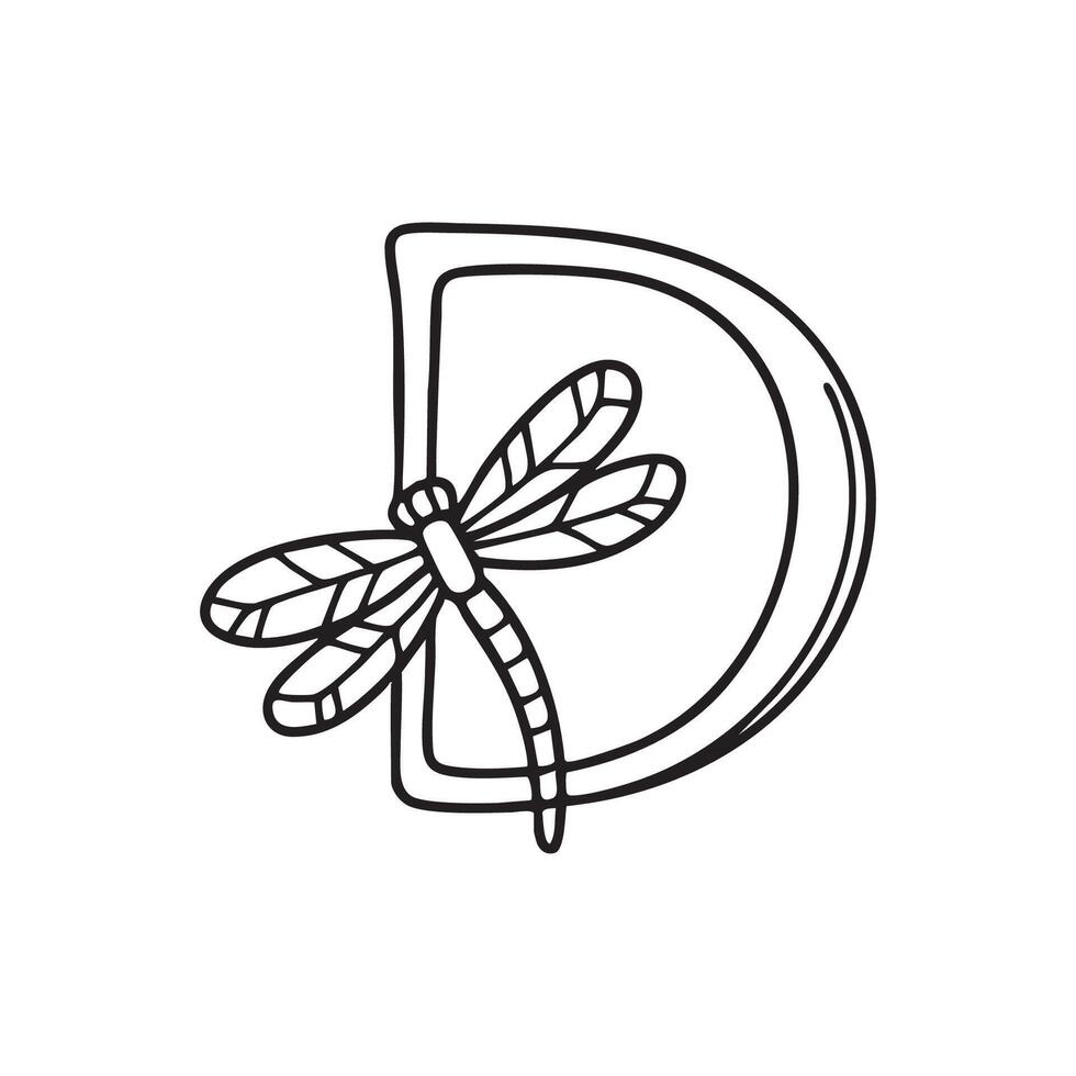 Illustration of a Dragonfly beside letter D vector