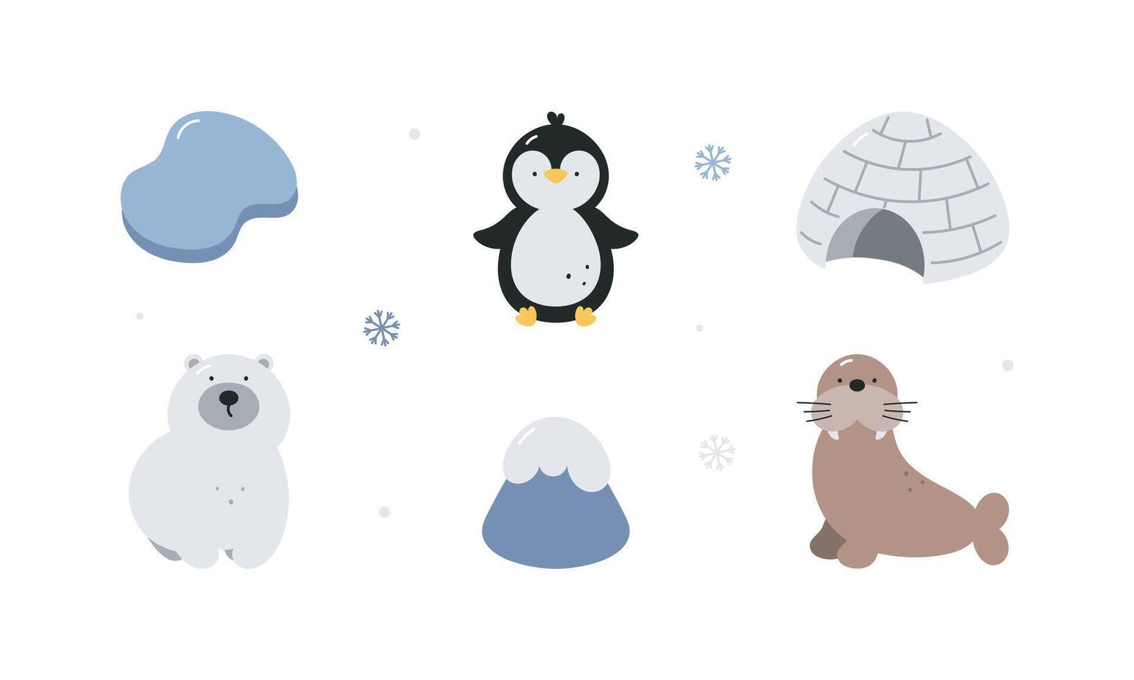 Cute arctic set. Penguin, polar bear, walrus, ice igloo, floating ice, snowy mountain. Arctic animals. Cartoon flat illustration. Elements for printing, poster, card. vector