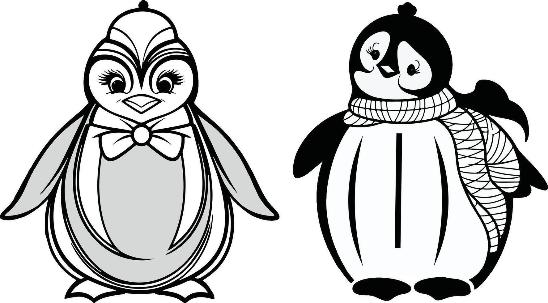 Cute baby penguin, Set of black And With penguin silhouettes vector