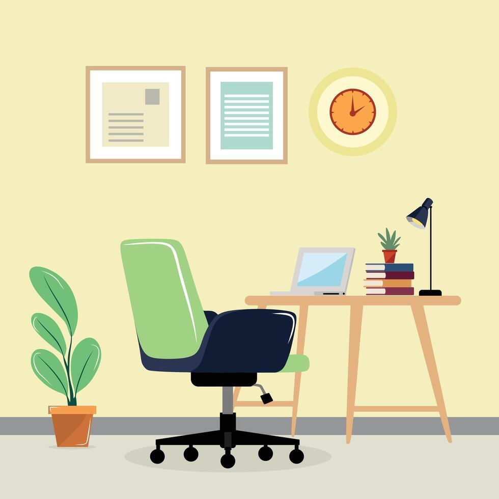 Office or home Interiors Desk with laptop, plant, books or lamp and computer chair illustration or designing studio illustration art design office interiors design vector