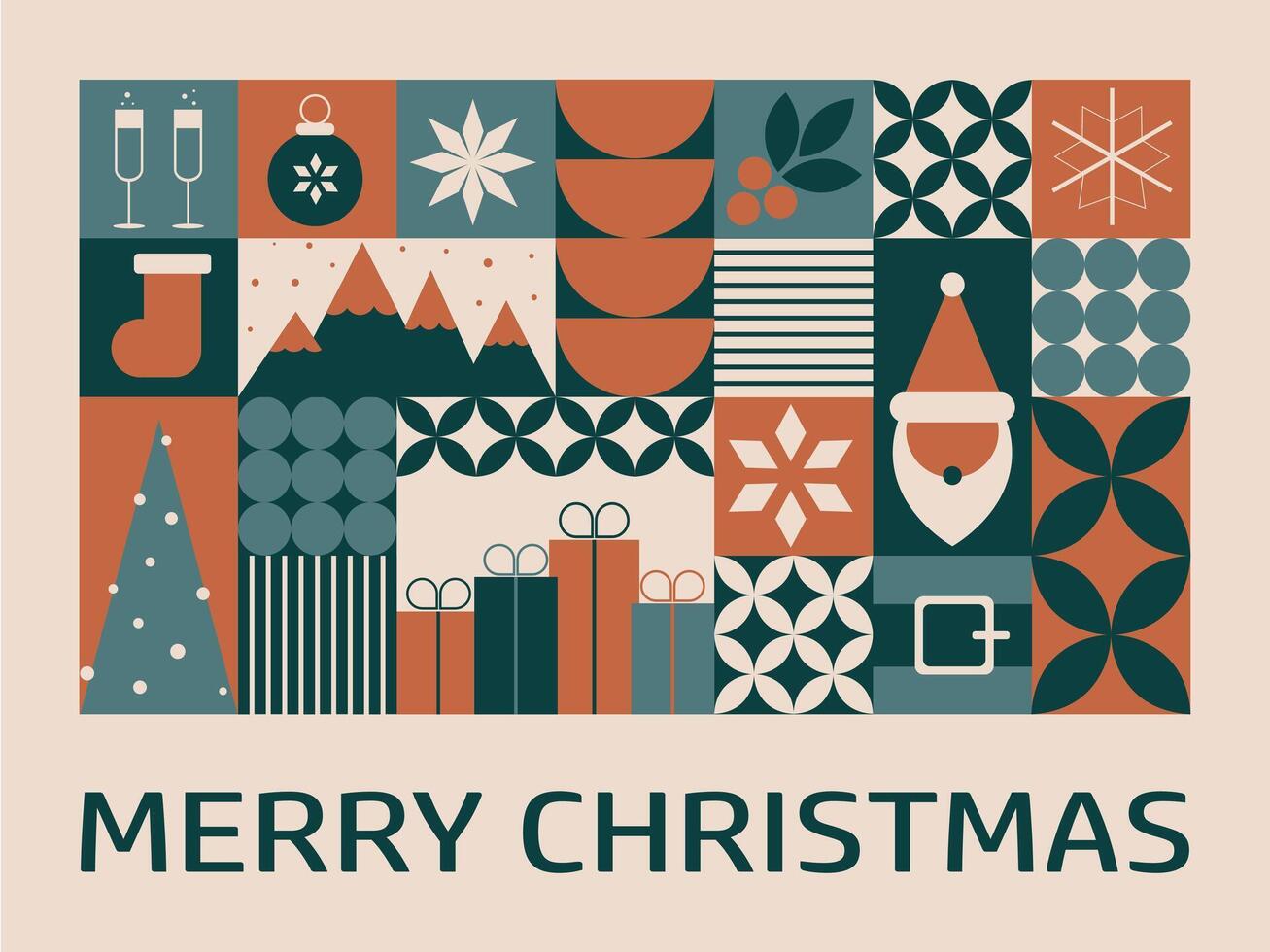Horizontal Christmas greeting card with mosaic elements. Geometric Christmas banner with traditional symbols. illustration vector