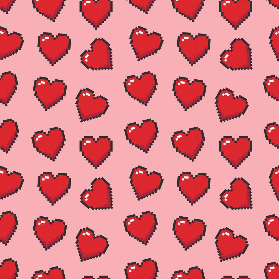 Seamless pattern with red pixel hearts on a pink background. Pattern for Valentine's Day. Symbol of love. vector