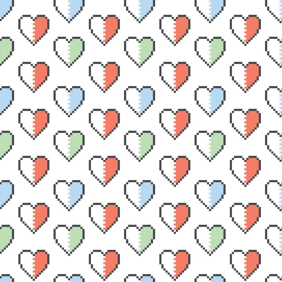 Seamless pattern featuring colored pixel hearts in pixel art style, perfect for Valentine's Day and celebrating love. vector