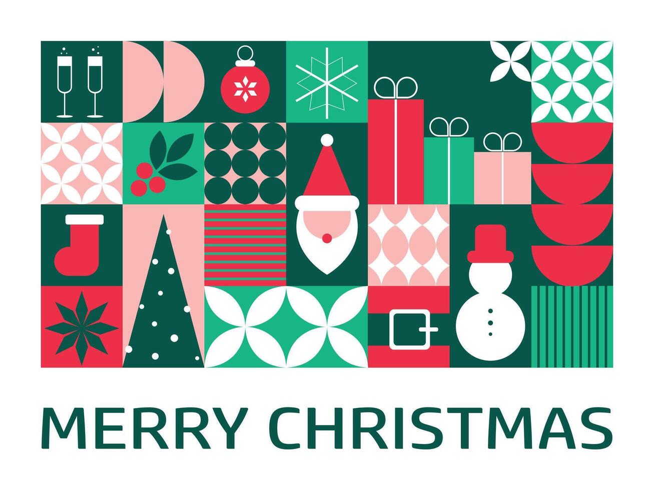 Horizontal Christmas greeting card featuring mosaic elements and geometric designs with traditional symbols, perfect for holiday wishes. vector