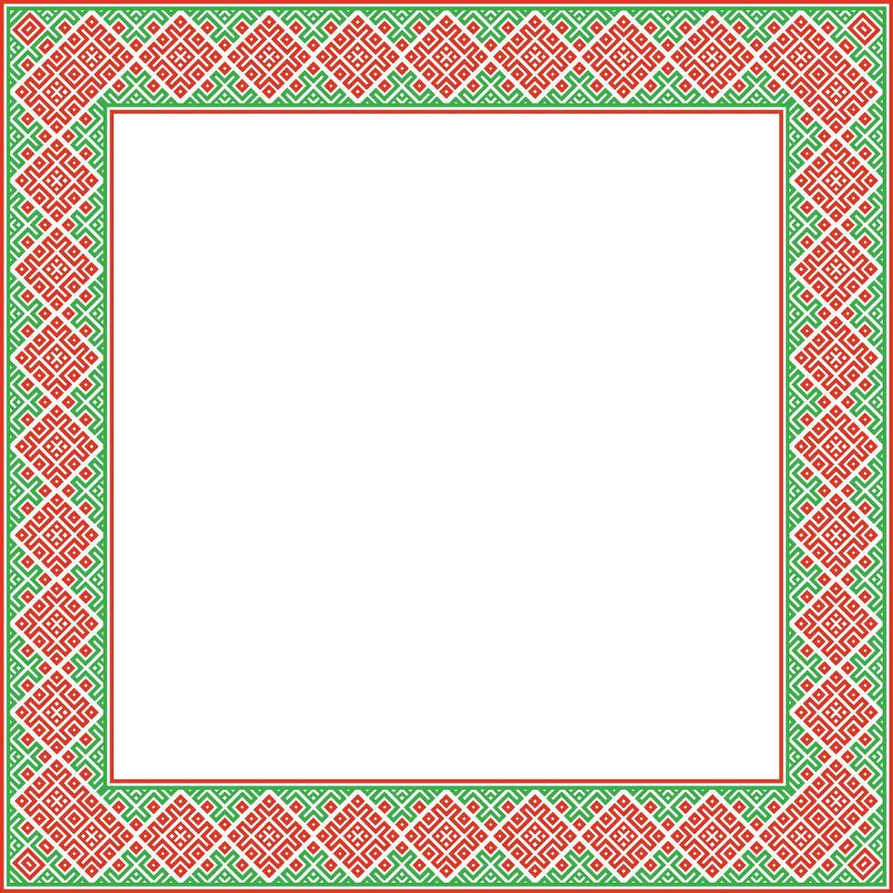 red green square belarusian national ornament frame. Ethnic pattern rectangle of Slavic peoples, Russian, Ukrainian, Serb, Pole, Bulgarian. Cross stitch template vector