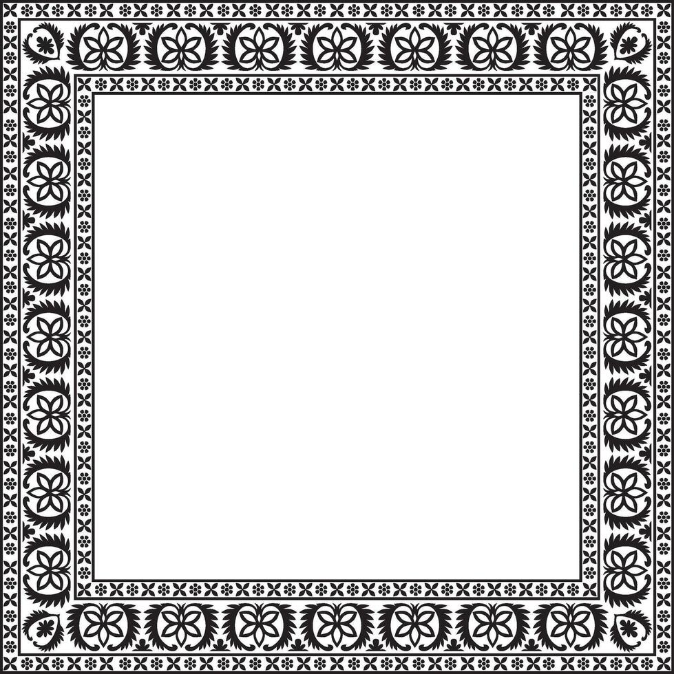 square monochrome black Indian national ornament. Ethnic plant border. Flowers frame. Poppies and leaves. vector