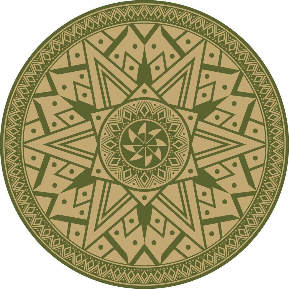 Native American round gold with green pattern. Geometric shapes in a circle. National ornament of the peoples of America, Maya, Aztecs, Incas. vector
