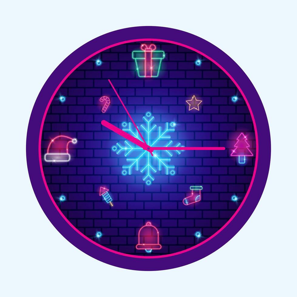 Colorful Neon Christmas Clock. A festive Christmas wall clock with neon lights and iconic holiday symbols. Perfect for adding a touch of holiday cheer to any home vector
