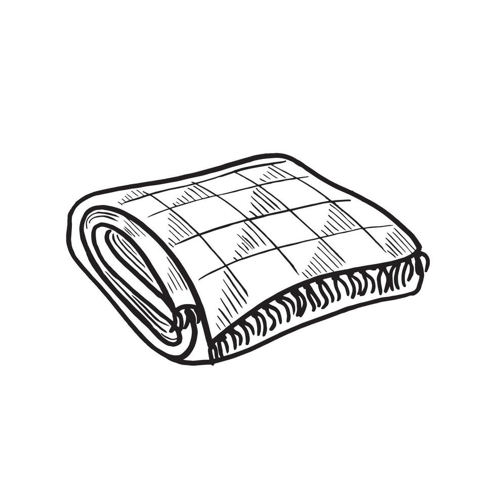 Wool blanket folded with fringe sketch. graphic line illustration hand drawn isolated. Black and white doodle. Patchwork quilt, poncho. Christmas or autumn cosy warming Clipart for card, print. vector
