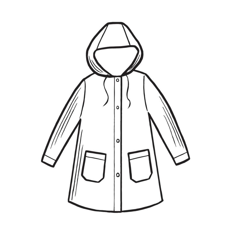 Yellow raincoat with hood sketch. line illustration hand drawn isolated. Black and white doodle. Protective clothe symbol. Waterproof item for wet weather. Clipart for card, print, website. vector