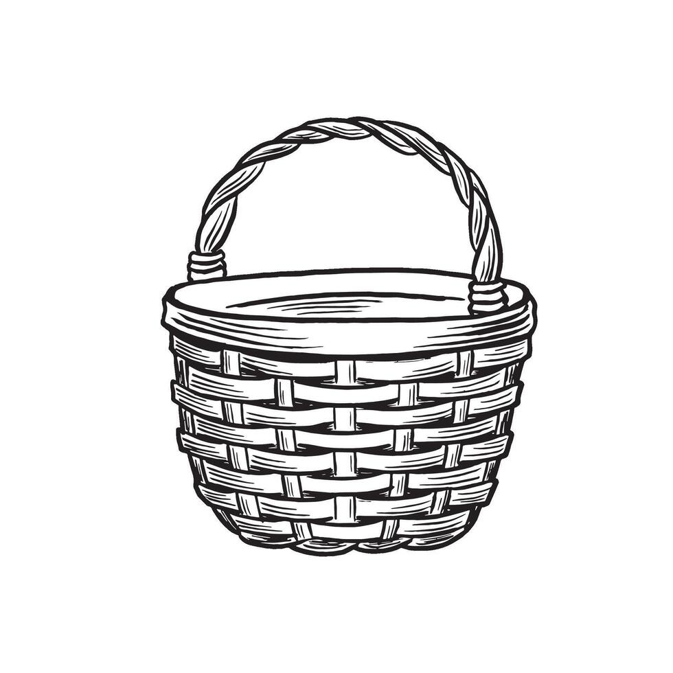 Wicker harvest basket with handle. graphic line illustration, hand drawn isolated. Black and white doodle. Rustic empty container, straw picnic bag. Clipart for postcard, scrapbooking, sticker. vector