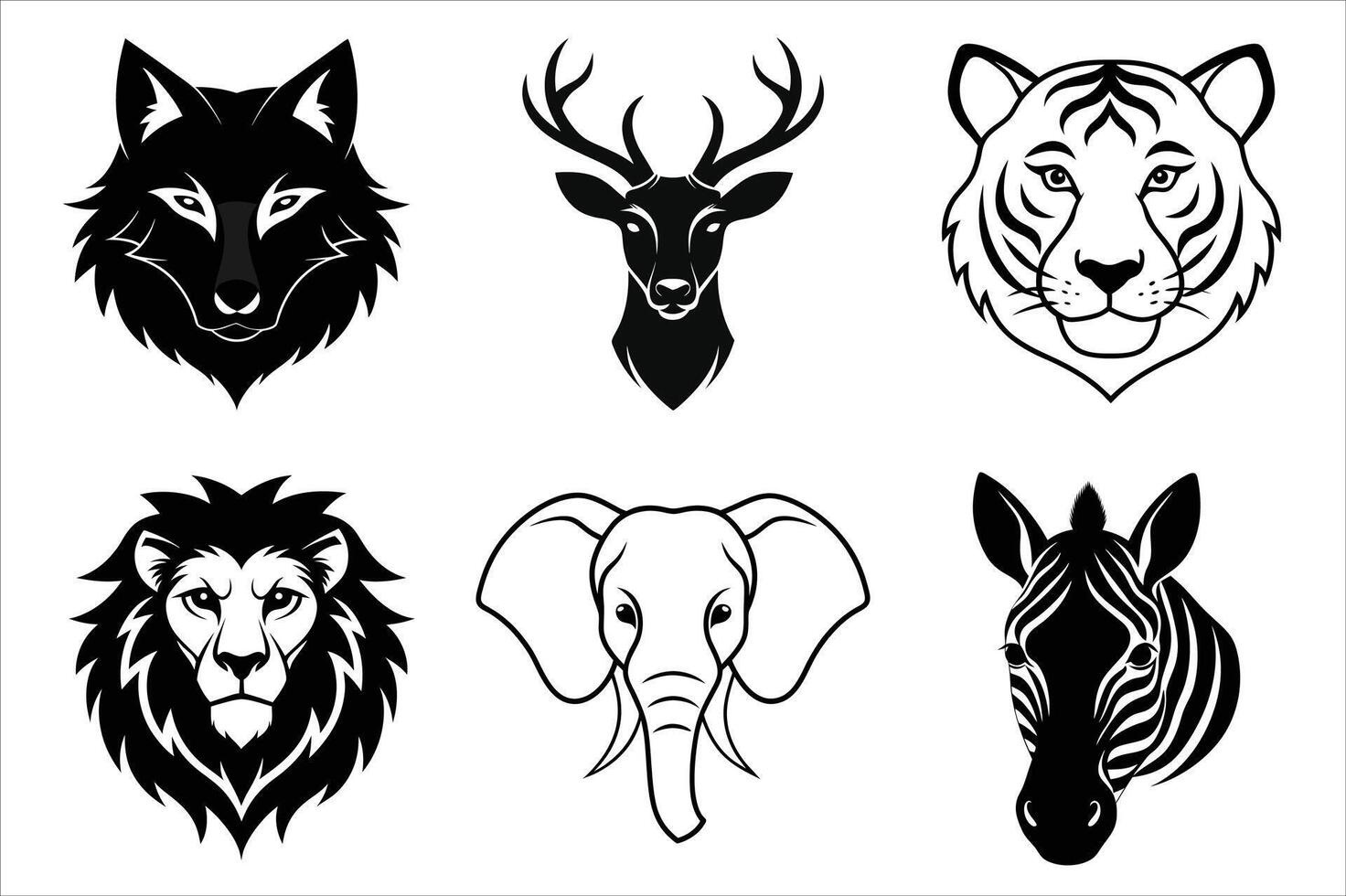 Wild animals head icons set vector