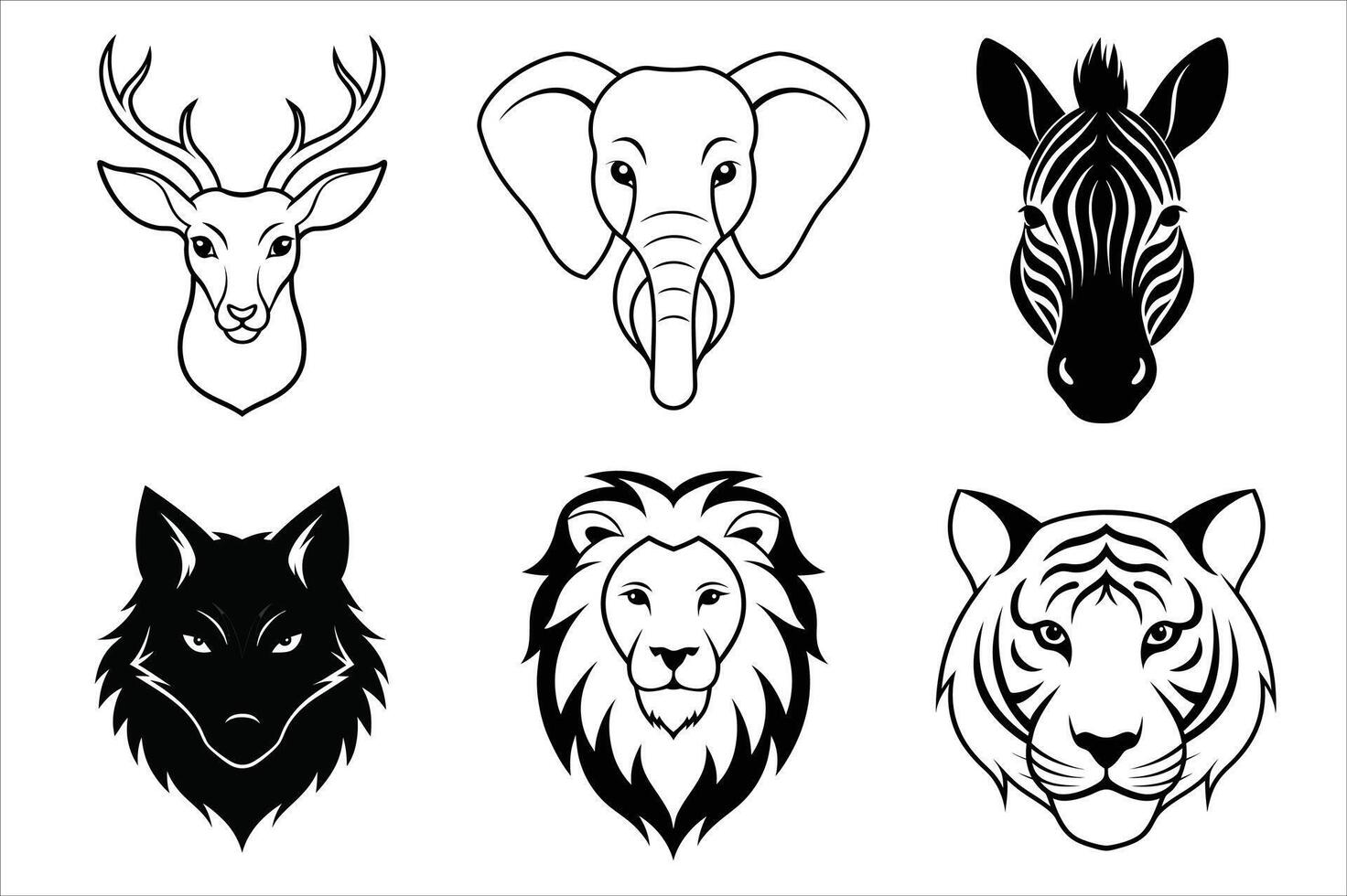 Wild animals head icons set vector