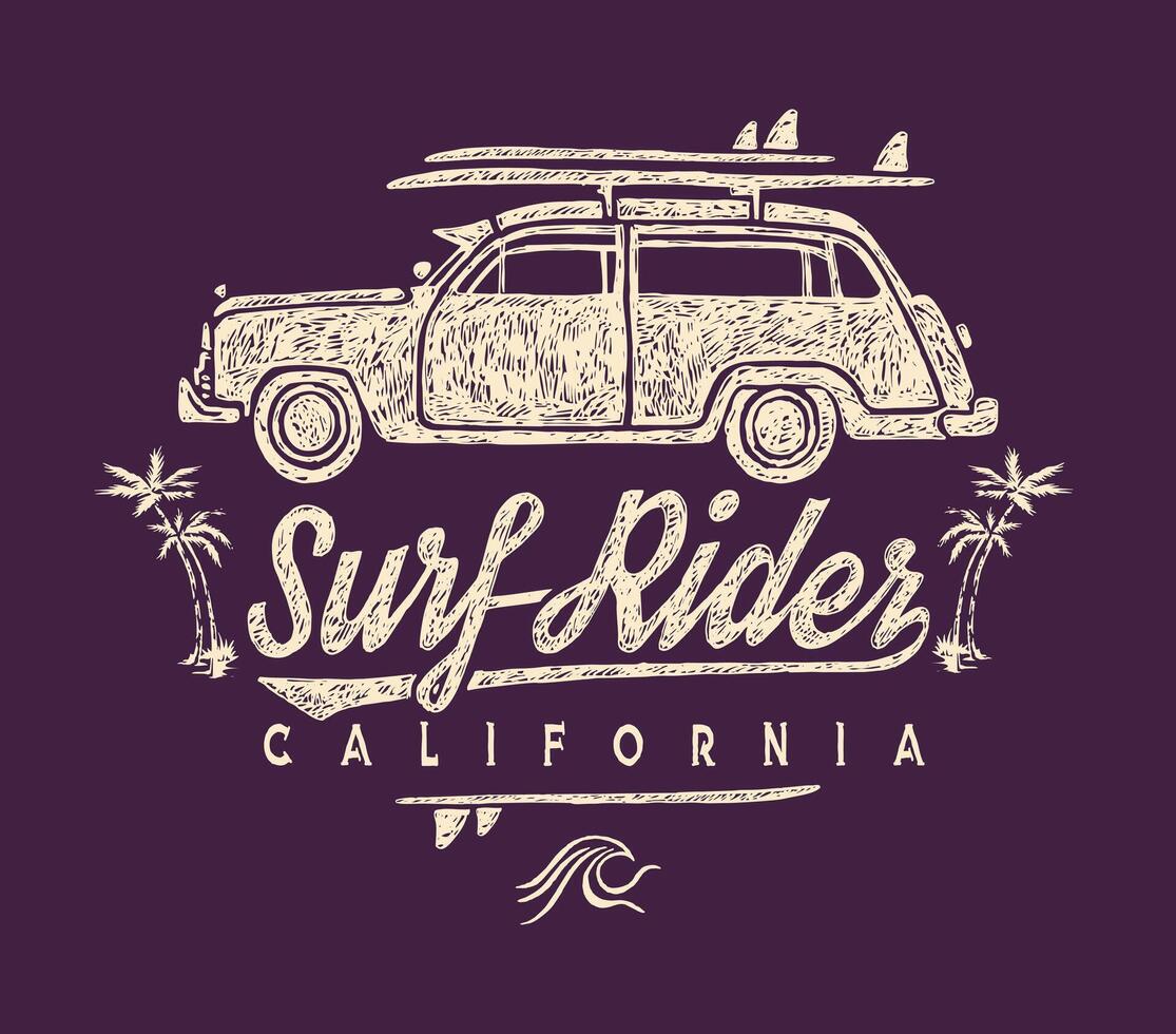 Failed and aged drawing of a surfer's car in a composition with lettering. vector