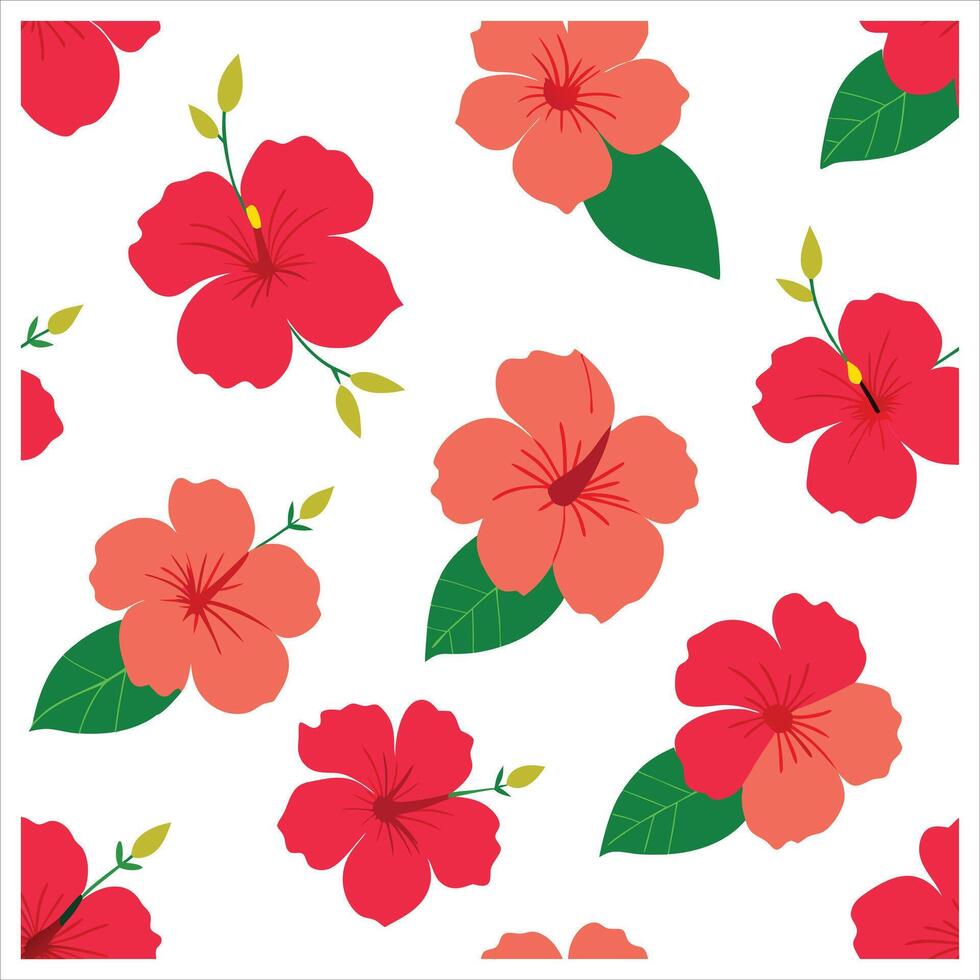 A red and green hibiscus pattern on a white background vector