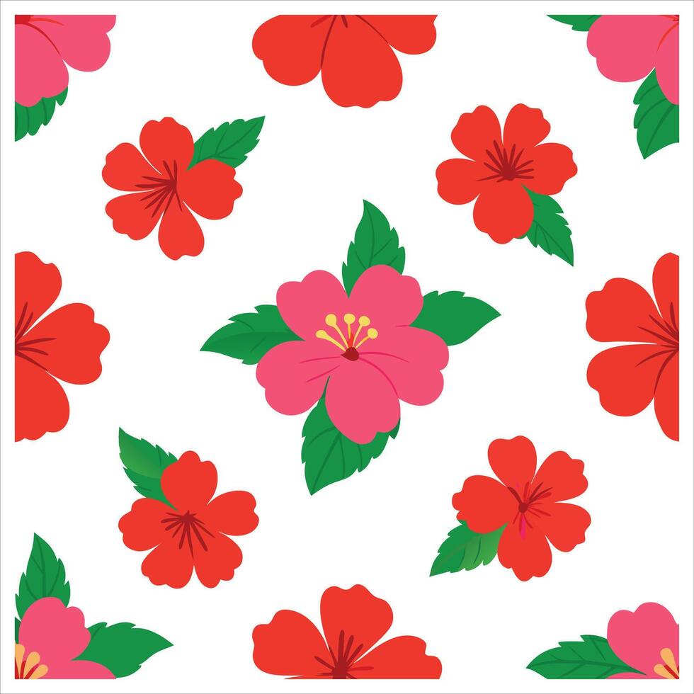 A red and green hibiscus flower pattern vector