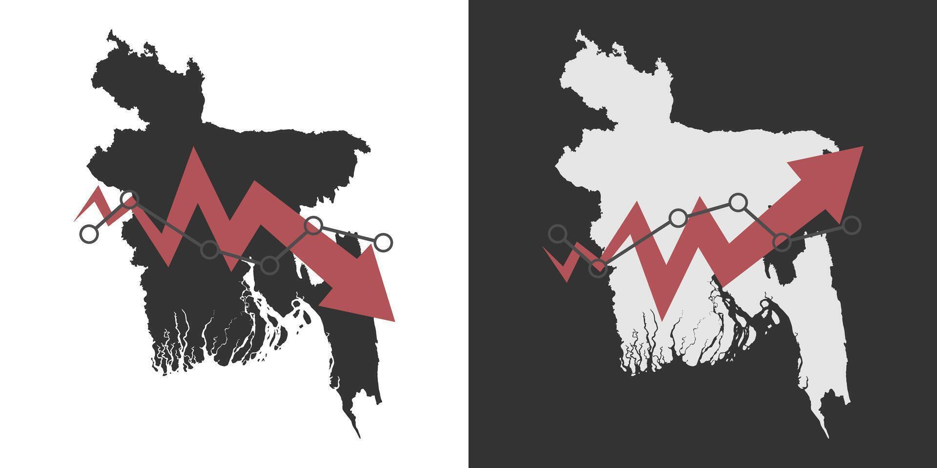 Bangladesh map with fall and recovery chart, statistics arrow. illustration. vector
